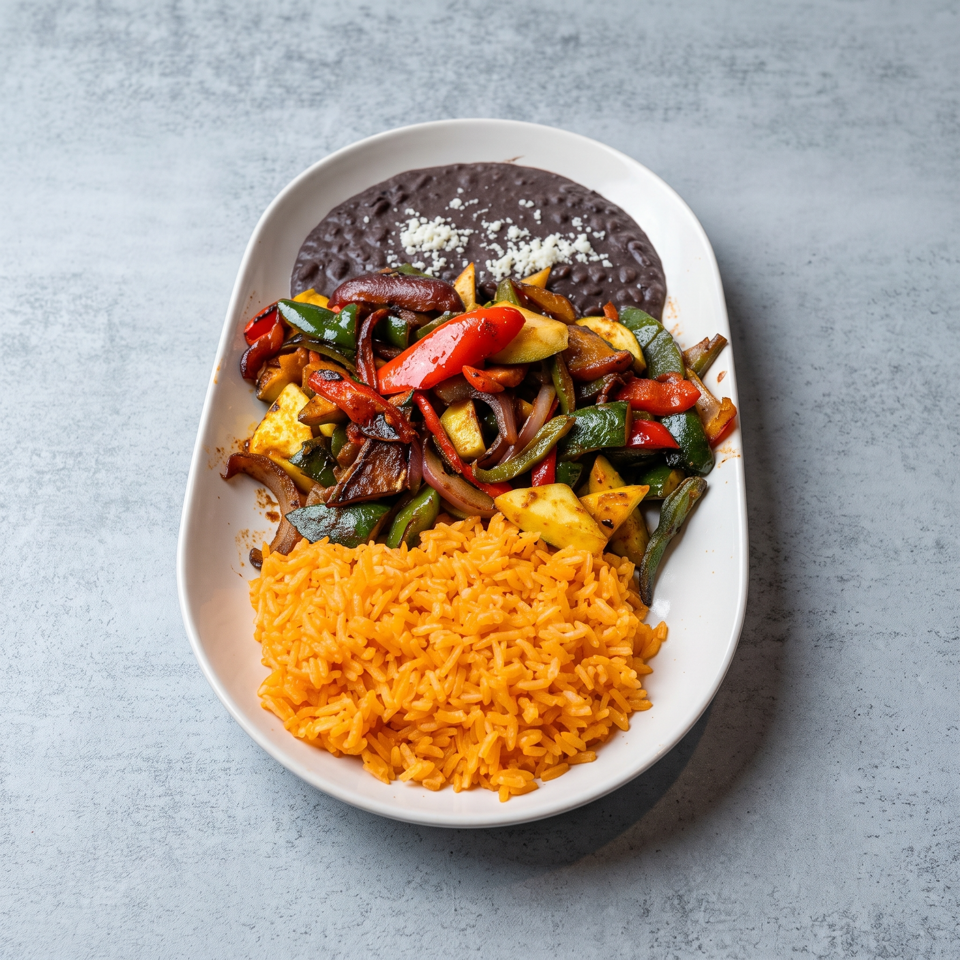 Plate of orange rice, sautéed mixed vegetables, black beans, and crumbled white cheese on a blue tabletop.