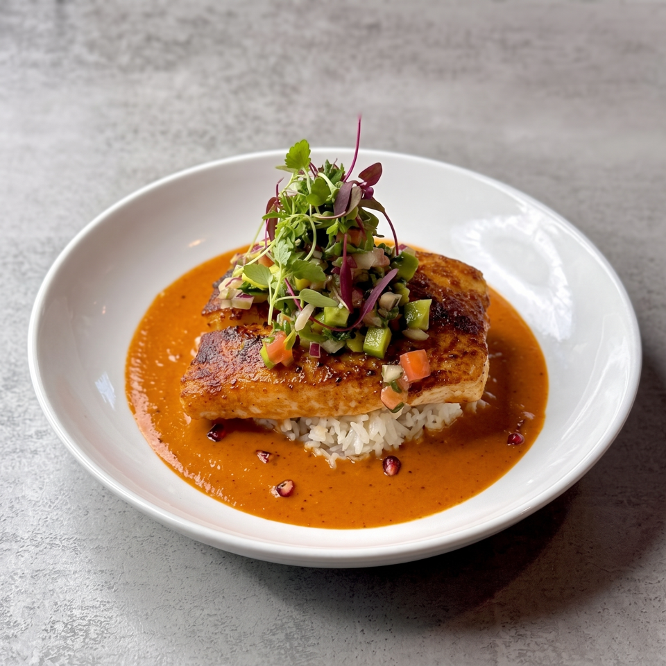 Seared fish fillet served over white rice with diced vegetables, microgreens, and orange sauce on a white plate.