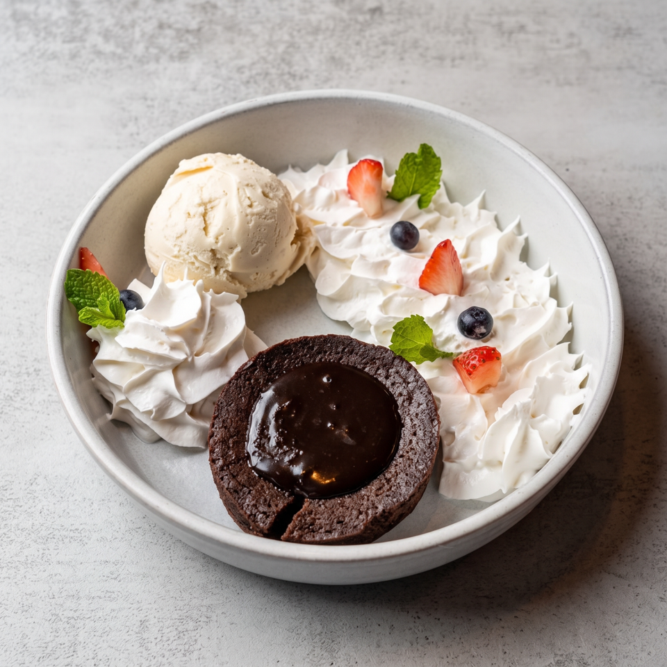 Chocolate lava cake with vanilla ice cream, whipped cream, strawberries, blueberries, and mint on a white plate.