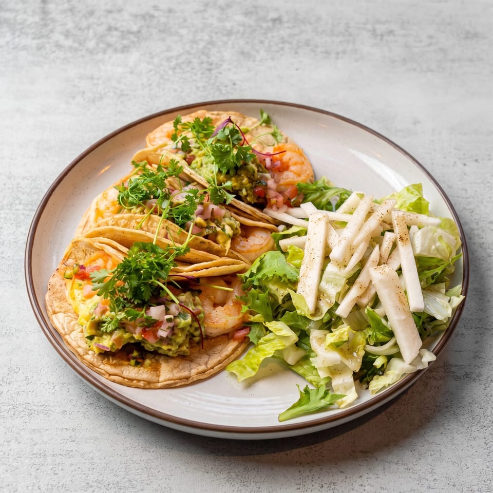 Plate of shrimp tacos topped with guacamole, pico de gallo, cilantro, and a fresh salad with jicama strips.