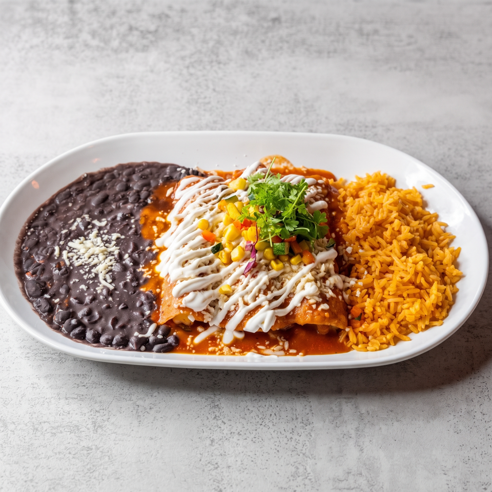 Mexican enchilada plate with black beans, orange rice, white crema, colorful vegetables, and cilantro garnish.