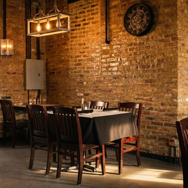 Restaurant dining room with exposed brick walls, dark wood tables, and industrial lighting.