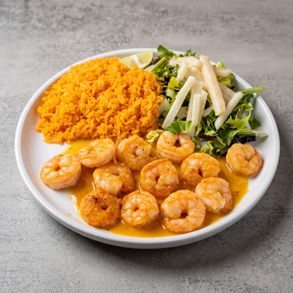 Plate of sautéed shrimp with orange rice, mixed greens, jicama sticks, and lime wedges.