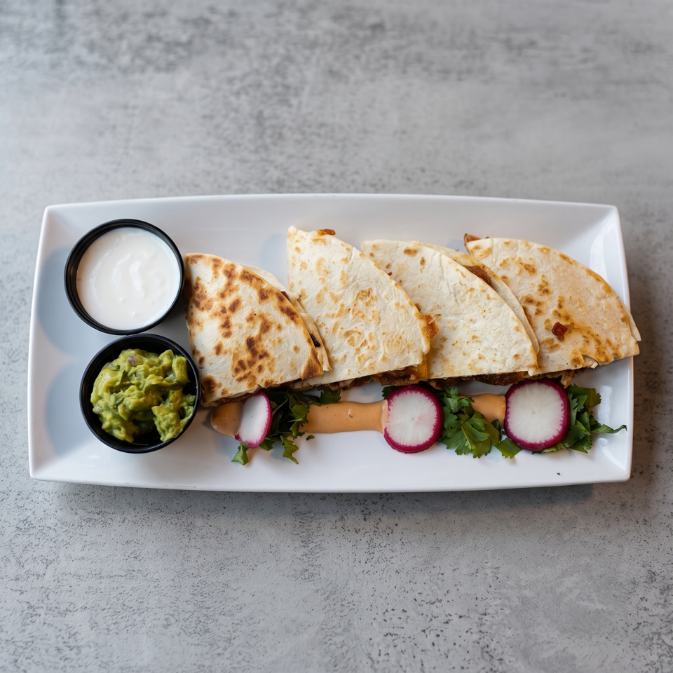 Grilled quesadilla wedges served with guacamole, sour cream, radishes, cilantro, and sauce on a white platter.