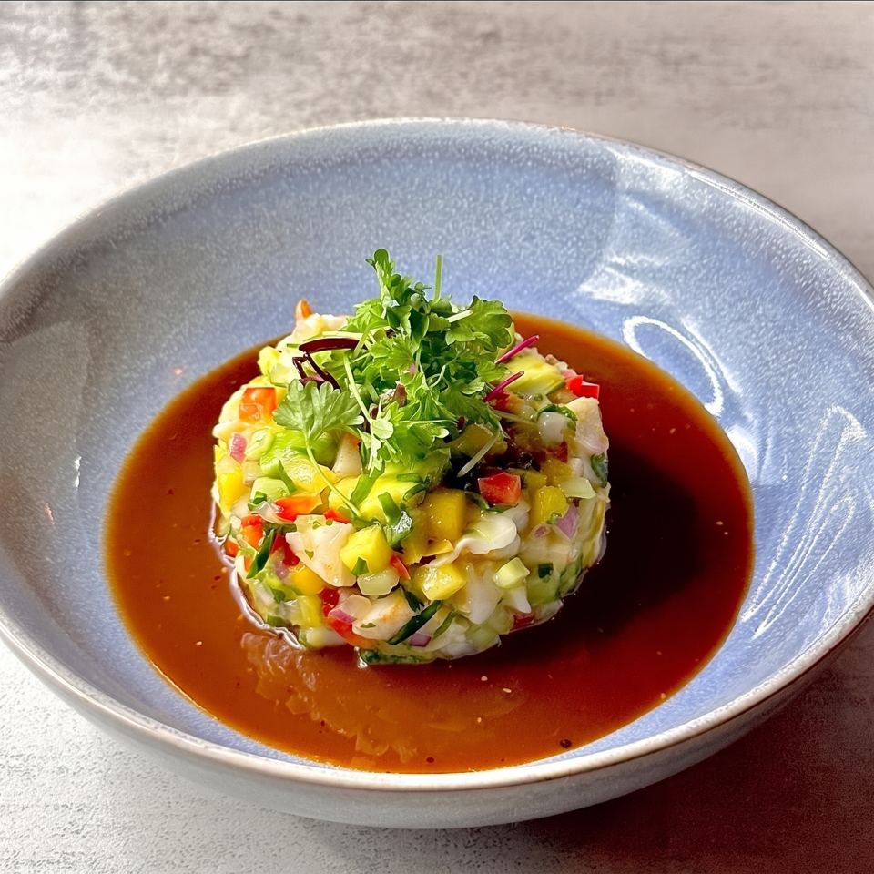 Colorful diced vegetable tartare topped with fresh herbs, served in a blue bowl with reddish-brown sauce.