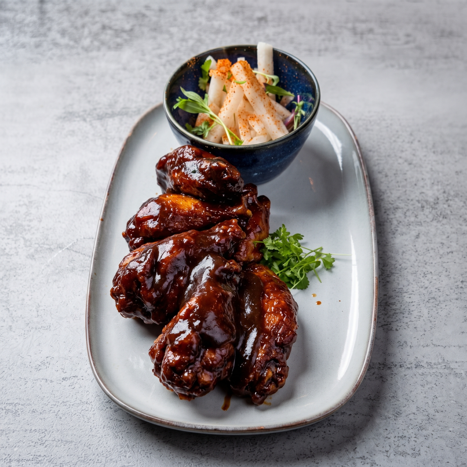 Glazed barbecue chicken wings served with seasoned fries and fresh herbs on a rectangular plate.