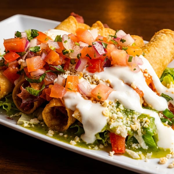 Crispy taquitos topped with fresh pico de gallo, sour cream, and green sauce on a white plate.