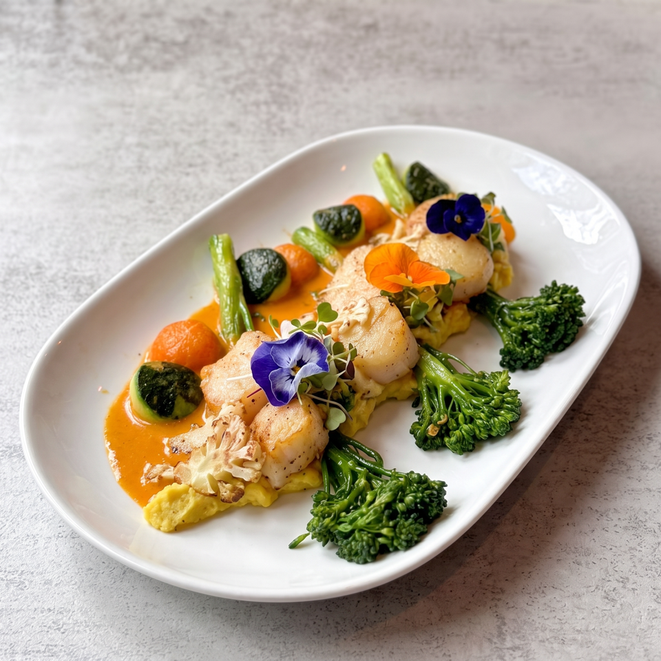 Gourmet scallops with roasted vegetables, orange sauce, microgreens, and edible flowers on a white plate.