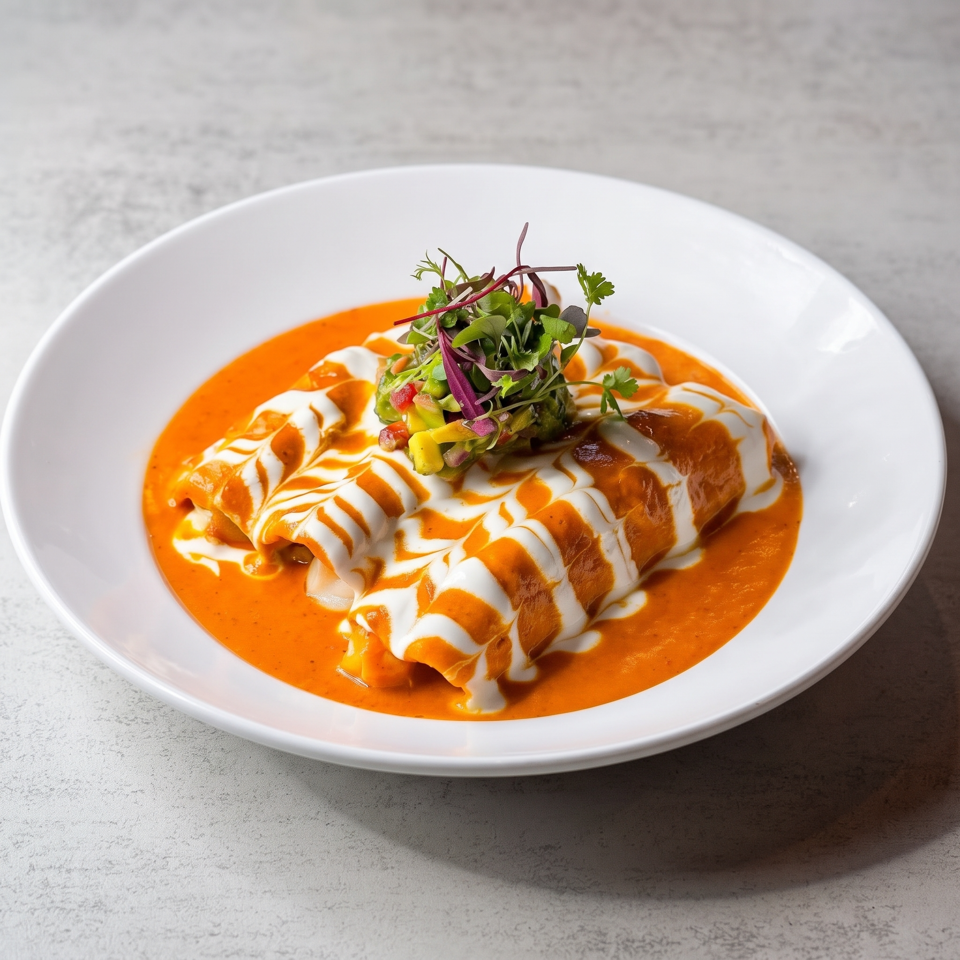 White plate of stuffed pasta in vibrant orange sauce, drizzled with cream and topped with fresh microgreens.