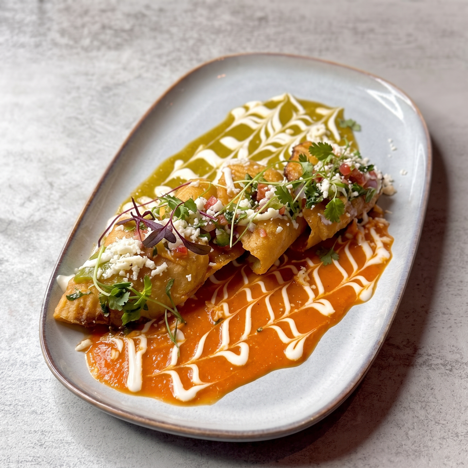 Crispy golden pastry rolls topped with herbs and crumbled cheese, served over orange and green sauces with cream drizzle.