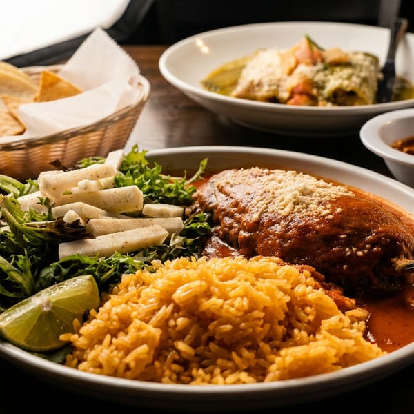 A plate of chile relleno with rice, salad, and a lime wedge, with other dishes in the background.