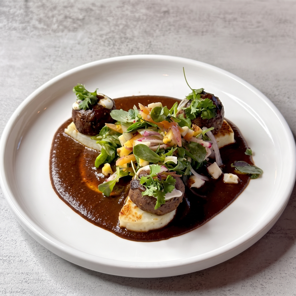 Three seared meat medallions with creamy purée, dark sauce, fresh herbs, and colorful vegetables on a white plate.