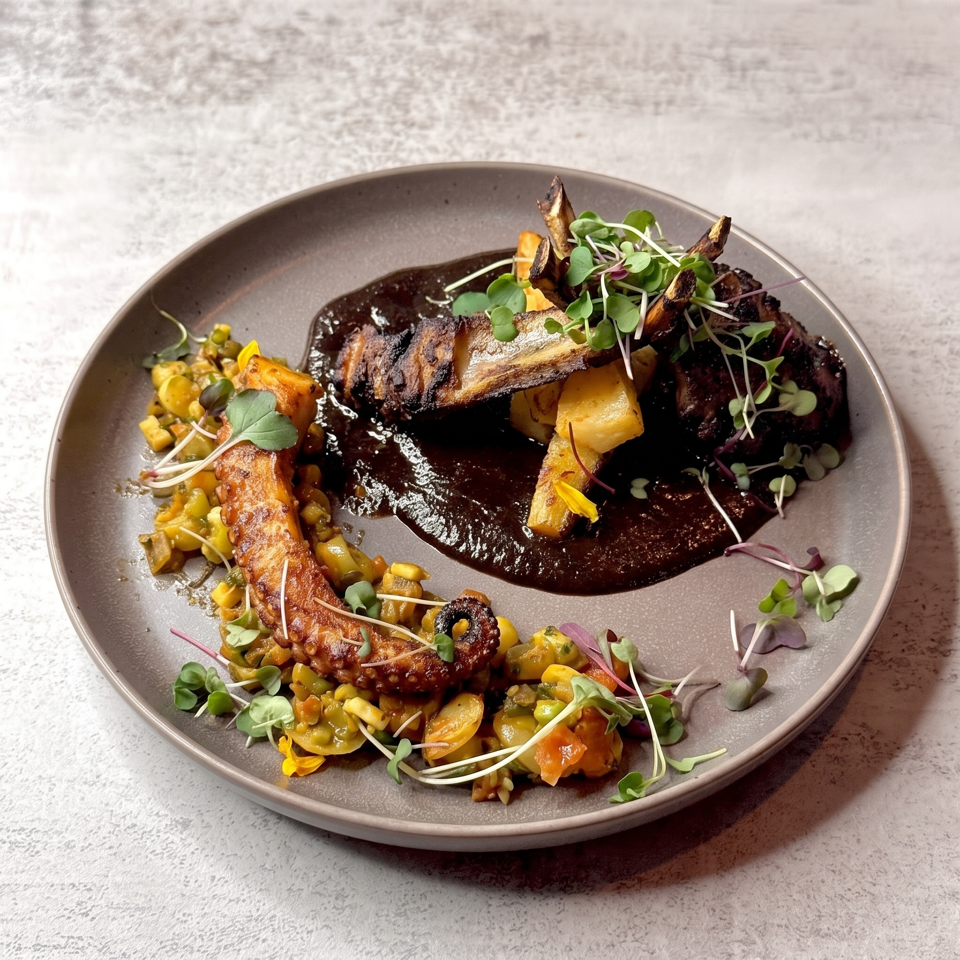 Artfully plated grilled octopus tentacles with roasted vegetables, dark sauce, and microgreens on a gray ceramic plate.