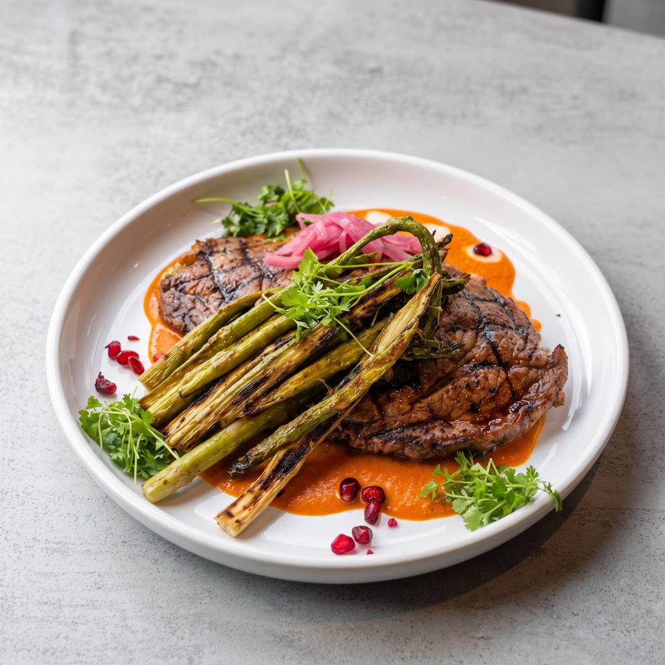 Grilled steak topped with charred asparagus, herbs, pickled onions, and pomegranate seeds over orange sauce.