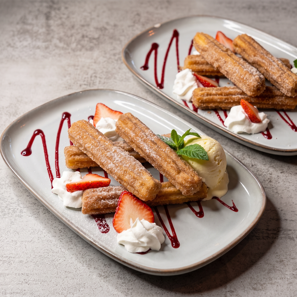 Two plates of powdered French toast sticks with strawberries, whipped cream, ice cream, mint, and berry sauce.