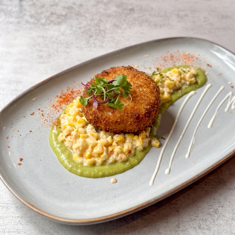 Crispy breaded croquette topped with cilantro, served over green sauce and creamy corn relish on a rectangular plate.