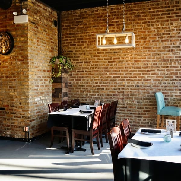 Restaurant interior with exposed brick walls, set tables, and modern light fixtures, bathed in sunlight.