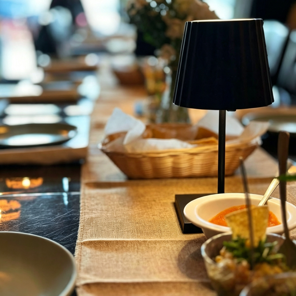 Elegant restaurant table set with black lamps, white plates, woven placemats, and plated dishes in a softly blurred dining room.
