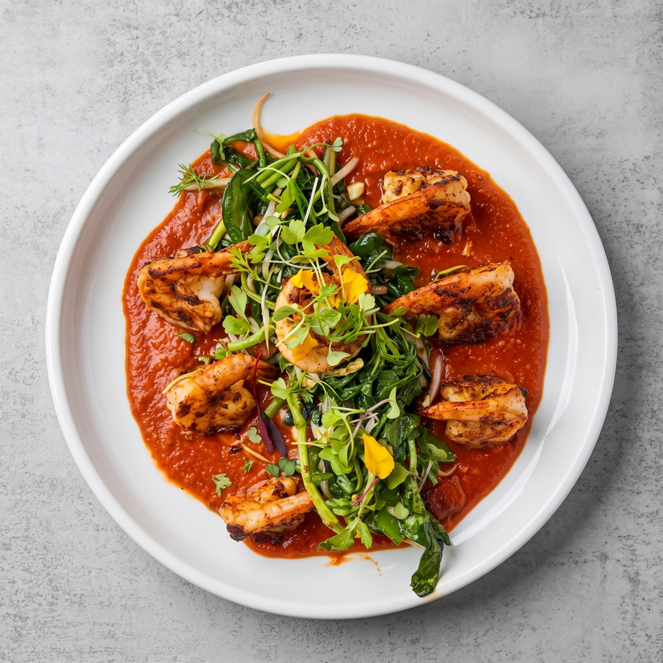 Grilled shrimp arranged over leafy greens and microgreens in a pool of vibrant red sauce on a white plate.