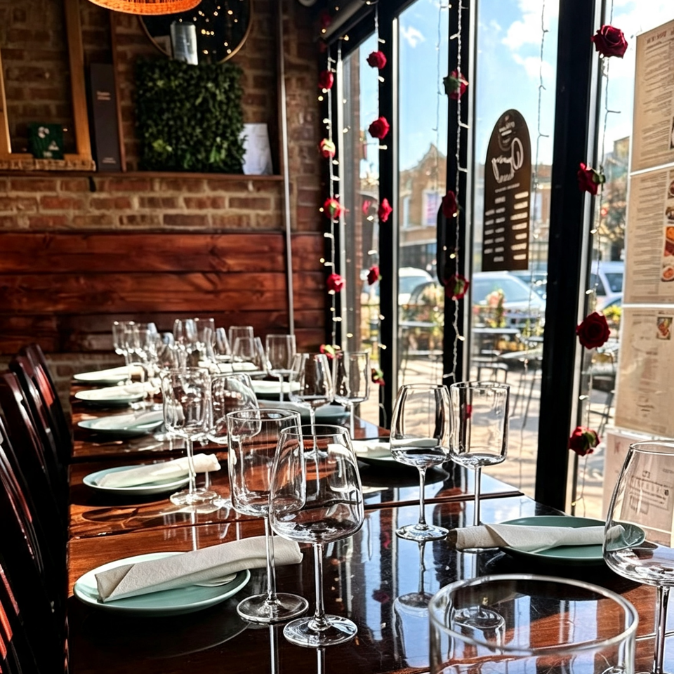 Elegant restaurant dining room with set tables, wine glasses, brick walls, warm lighting, and rose-decorated windows.