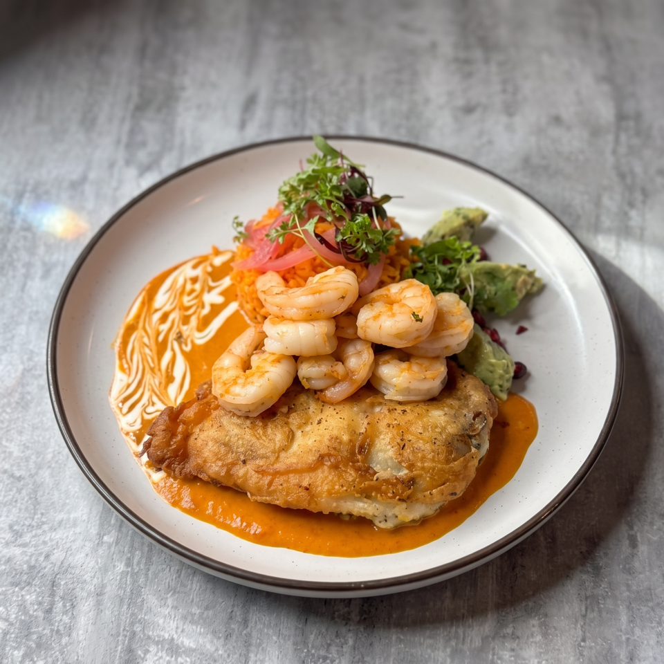 Golden-fried seafood fillet topped with sautéed shrimp, avocado, microgreens, and orange sauce on a white plate