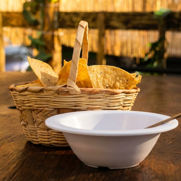 A basket of tortilla chips next to a white bowl with a spoon on a wooden table.