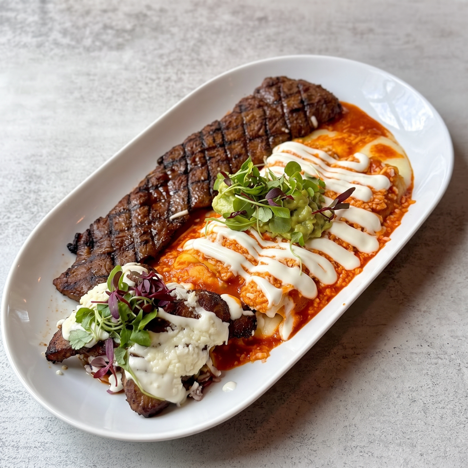 Grilled steak slices, fried eggs, crispy potatoes, avocado, microgreens, and creamy sauce arranged on a white platter.