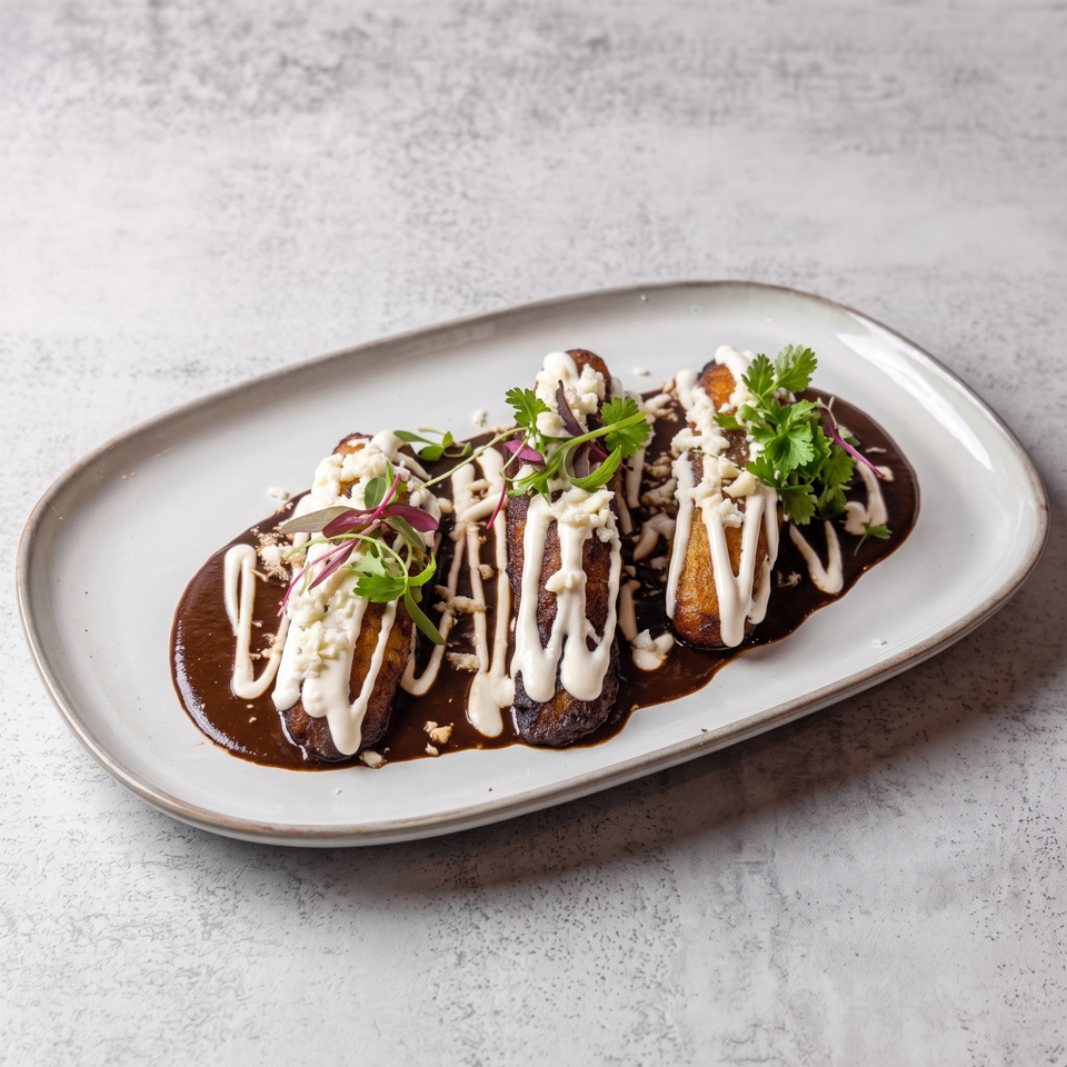 Roasted vegetables on dark sauce, drizzled with creamy white dressing, crumbled cheese, parsley, and microgreens.